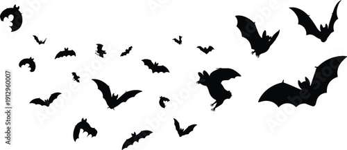 Flying bat silhouettes swarm, spooky halloween night scene, black bats in motion, horror concept illustration, isolated vector background design artwork