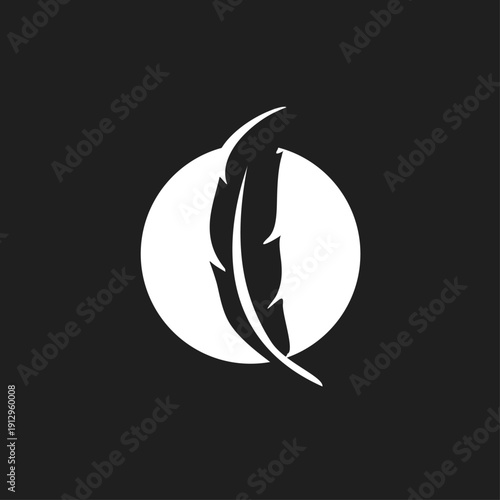 White Stylized Quill Feather Logo Icon in Round Circle on Black Background