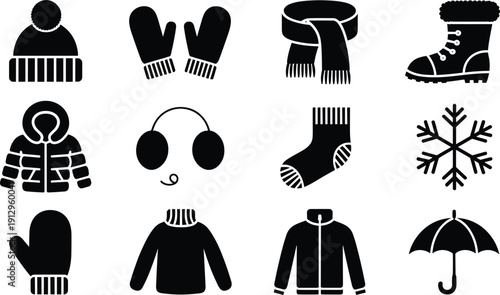 Silhouette illustration of winter clothing and seasonal icons including hat, mittens, scarf, boots, jacket, earmuffs, socks, snowflake, sweater, umbrella for fashion and weather themes