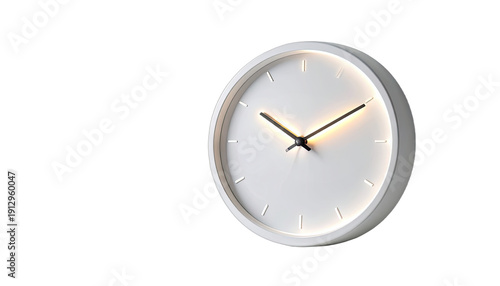 Minimalist white clock face illuminated against a stark black background.