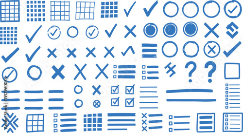 Blue Check Mark and Cross Icon Set, Hand Drawn X O Tick Symbols Collection, Doodle Style Yes No Marks, Circle Underline Highlight Elements Editable Vector SVG PNG EPS