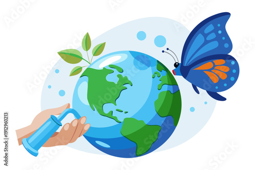 A hand holding a water filter watering a globe with a butterfly and a green plant growing out of it