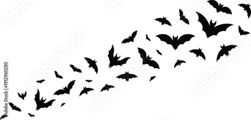 Flying bat silhouettes swarm, spooky halloween night scene, black bats in motion, horror concept illustration, isolated vector background