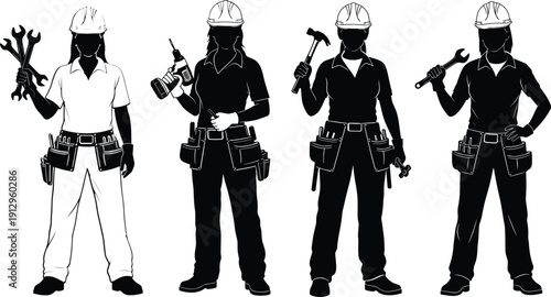 Female construction worker silhouette vector collection featuring women builders holding tools and wearing safety helmet, professional trade worker characters isolated for industry illustration design