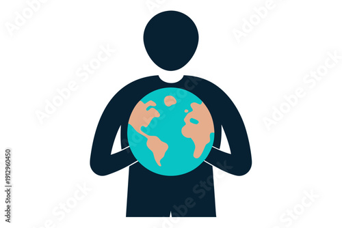 A minimalist vector graphic of a person holding a globe, symbolizing global responsibility and care for the Earth.