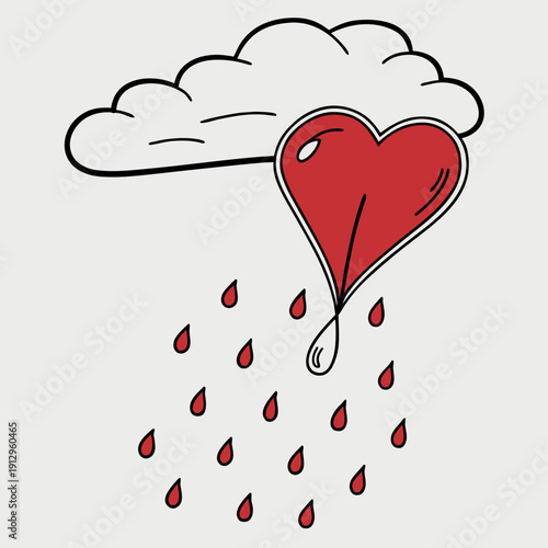 A heart shaped balloon crying red tears under a cloud