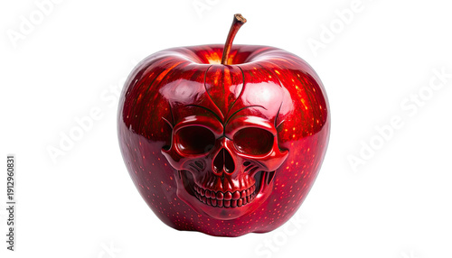 A striking, glossy, deep red apple featuring an intricately carved skull design on its surface against a stark black background.