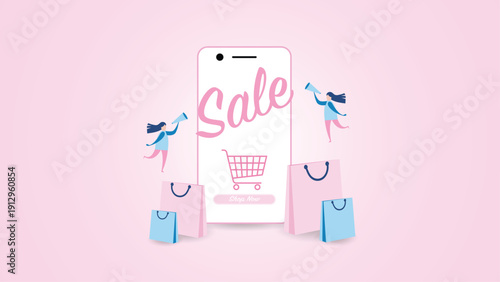 Cute pink background featuring a smartphone with a shopping cart, sale text, and happy shoppers. Ideal for e-commerce and retail seasonal promotions.