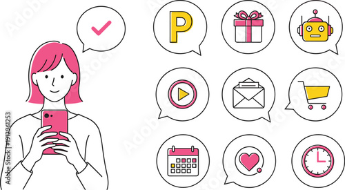 Young woman holding pink smartphone with checkmark notification and set of digital service icons including parking, gift, and robot assistant (22 words)
