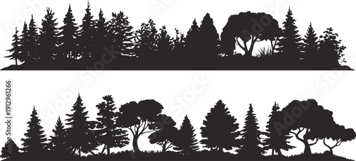 Dense forest silhouettes panorama, layered pine and deciduous trees horizon, black woodland nature landscape background illustration