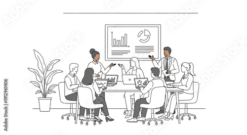 Diverse group of business professionals engaged in a collaborative office meeting while reviewing charts and data on laptops and a presentation screen