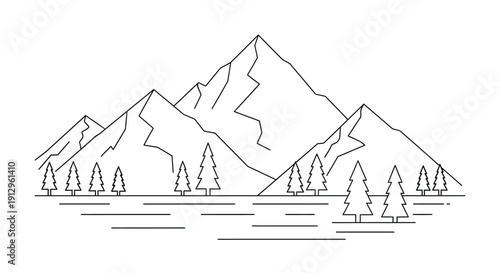 Minimalist line art illustration depicting a jagged mountain range towering over a dense forest of evergreen trees creating a scenic outdoor landscape.
