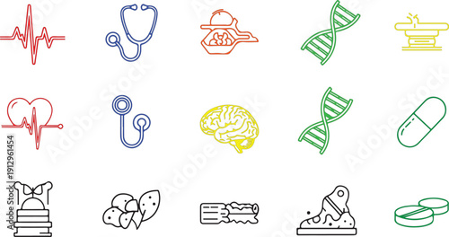 Colorful medical and scientific icons collection isolated on transparent background
