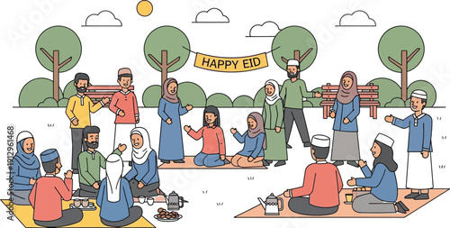 Diverse group of happy muslim family members and friends celebrating the joyous occasion of eid al fitr together outdoors in a sunny park setting