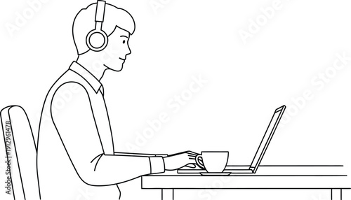 Minimalist line art drawing shows a young man wearing headphones working diligently on his portable computer while enjoying a hot beverage at a desk
