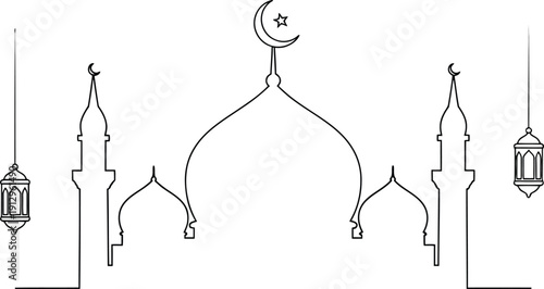 Minimalist continuous line art illustration depicting a serene mosque silhouette with domes minarets and hanging Ramadan lanterns perfect for cultural greetings