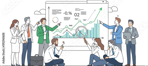 Business team diligently analyzing complex financial performance graphs and rising market trends during an important strategy presentation meeting