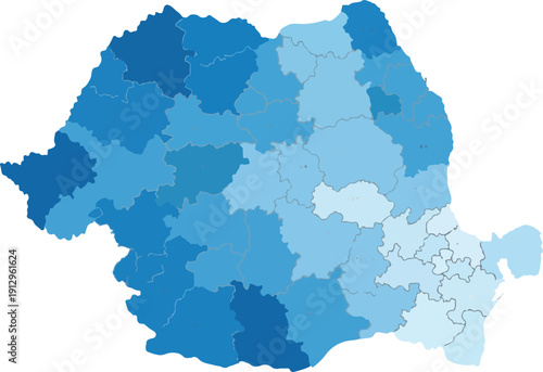 Detailed map of Romania with highlighted regions in blue