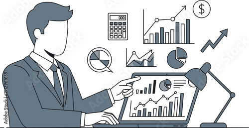 Business professional pointing at financial growth charts displayed on a laptop screen surrounded by analytical icons representing data success
