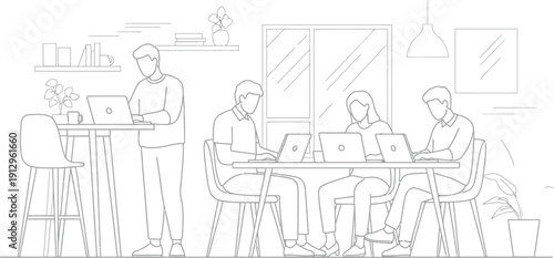 Group of focused professionals working diligently on their individual laptop computers around a shared table in a modern collaborative office environment