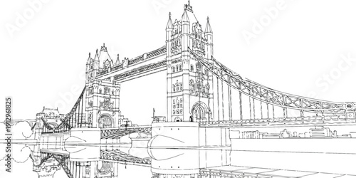 Detailed black and white line art illustration depicting the iconic Tower Bridge structure spanning the river with its towers and suspension cables clearly visible