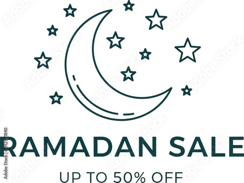 Simple minimalist line art graphic announcing a special ramadan sale event offering customers significant discounts up to fifty percent off