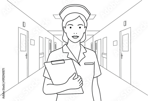 Smiling female nurse wearing a traditional cap stands holding a clipboard in a brightly lit hospital corridor illustration