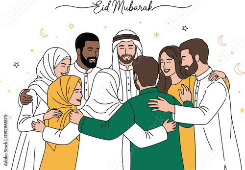 Diverse group of happy friends embracing each other with joy and celebration under the calligraphy wishing Eid Mubarak during a festive occasion