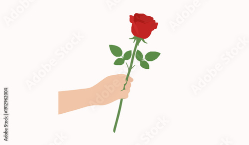Gift of Love: An elegantly simple illustration depicts a hand gracefully presenting a vibrant red rose, symbolizing love, affection, and the beauty of giving.