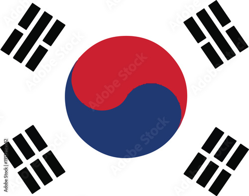 Flag of south korea with yinyang symbol and trigrams isolated on white