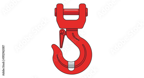 Red lifting hook illustration showing a hook with a shackle for heavy load suspension from a crane or pulley system.