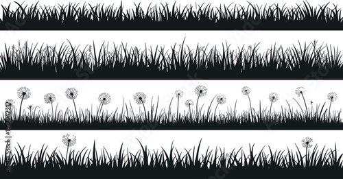 Black grass silhouette border, wild meadow plants, dandelion flowers, nature landscape design, floral ground line illustration vector