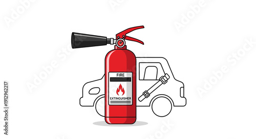 Illustration of a red fire extinguisher in front of a vehicle, safety equipment, emergency preparedness, automotive, fire protection