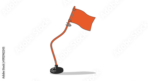 Orange flag waving on a flexible pole standing on a round base, viewed from the side, in an empty space, as an illustration