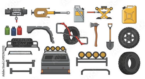 Assorted automobile repair tools and equipment displayed neatly on a plain background