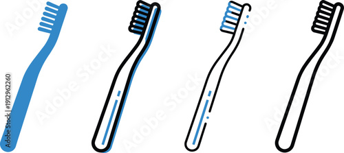 Stylized toothbrush illustrations showing design variations in color, detail, and silhouette for dental care and hygiene visuals 