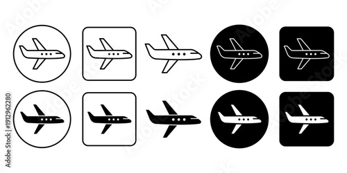 Airplane Flight Icon Set Outline and Solid Style for Travel Aviation and Transport Applications