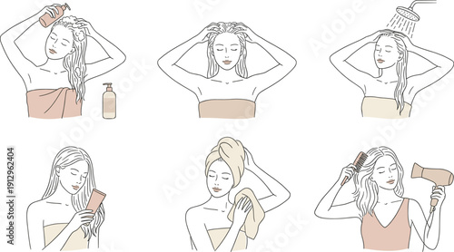 Step-by-step hair care routine illustration featuring shampooing, conditioning, drying, and styling for personal hygiene and grooming visuals