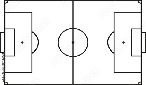 Soccer Field Pitch Diagram - Top View Minimalist Black Outline Football Field Layout for Sports Strategy and Game Tactics Vector Illustration