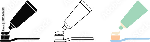 Stylized toothpaste and toothbrush illustrations in silhouette, outline, and pastel color styles for dental care and hygiene visuals