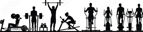 Gym fitness silhouette collection, athletes training with weights cardio machines workout equipment isolated on white background vector illustration