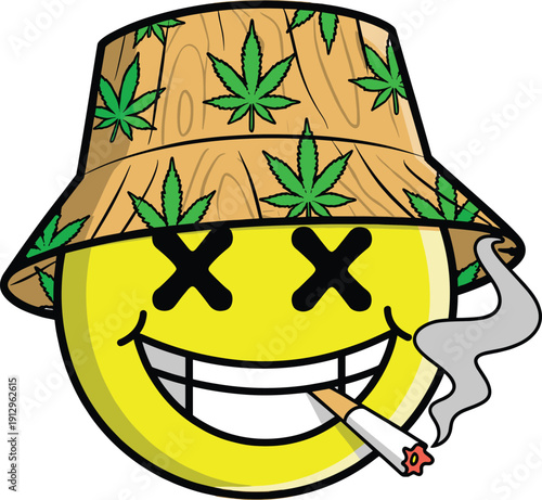 Funny Yellow Smiley Face Character Wearing Marijuana Leaf Pattern Bucket Hat Smoking a Joint Isolated Illustration for Streetwear Branding Design