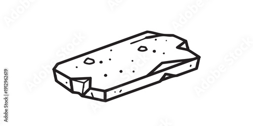 Black and white flat vector icon of a limestone rock slab with chipped edges and dusty surface, minimal outline style, single centered composition, isolated on white background, clean design.