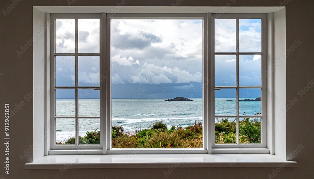 Fototapeta premium View of the ocean and island through a multi pane window
