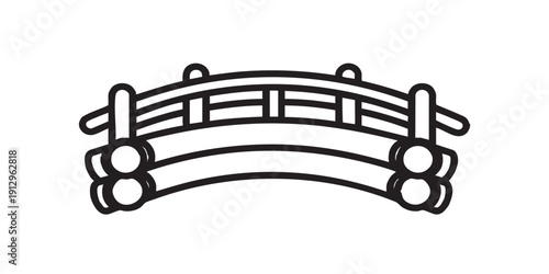 Black and white flat vector icon of an arched log bridge, minimal outline style, single centered composition, isolated on white background, clean design.
