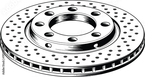 Line Art Illustration of a Perforated Ventilated Brake Disc Rotor Isolated on White Background for Automotive Engineering and Car Maintenance Design