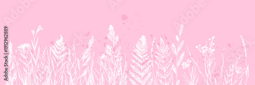 Teal Botanical Meadow – Modern teal botanical meadow with grasses and ferns in minimal vector line art style.