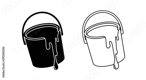 Two paint buckets with spilled paint, minimalist style, black and white illustration Vector