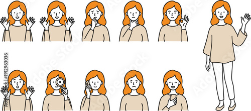 Set of woman character illustrations showing different facial expressions, hand gestures, emotions, talking on phone, using smartphone, and holding magnifying glass (23 words)