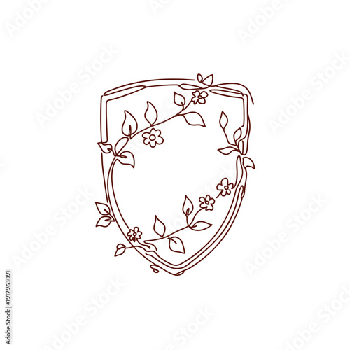 Minimalist Medieval Knight Shield Vector Illustration with Floral Vines and Leaves Decoration in Monoline Art Style, Logo, Tattoo Design